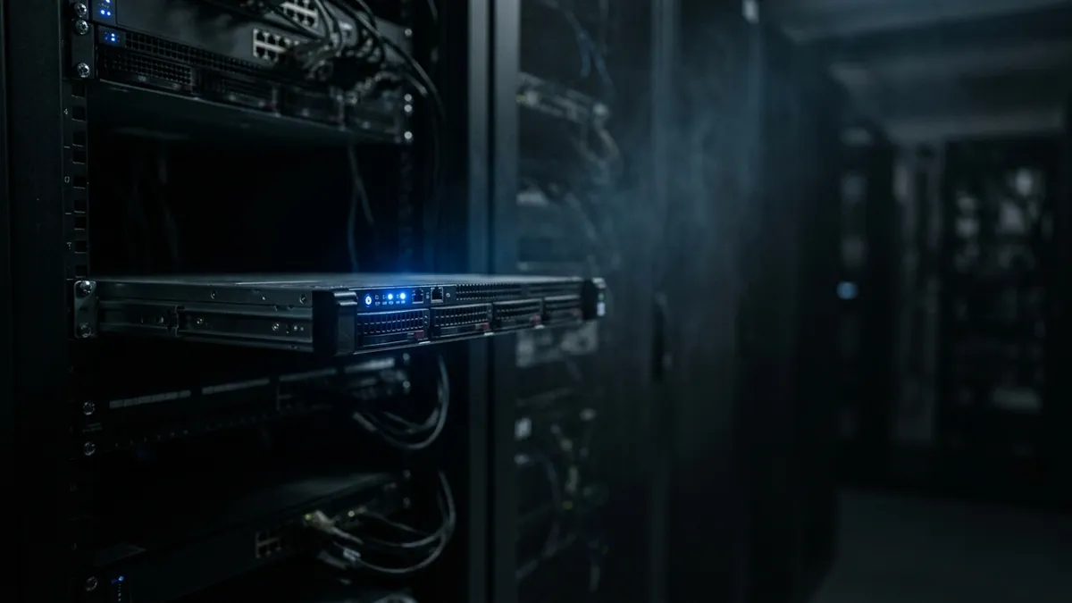 Serverový rack s jedným vysunutým 1U serverom, na čelnom paneli svietia modré stavové diódy.