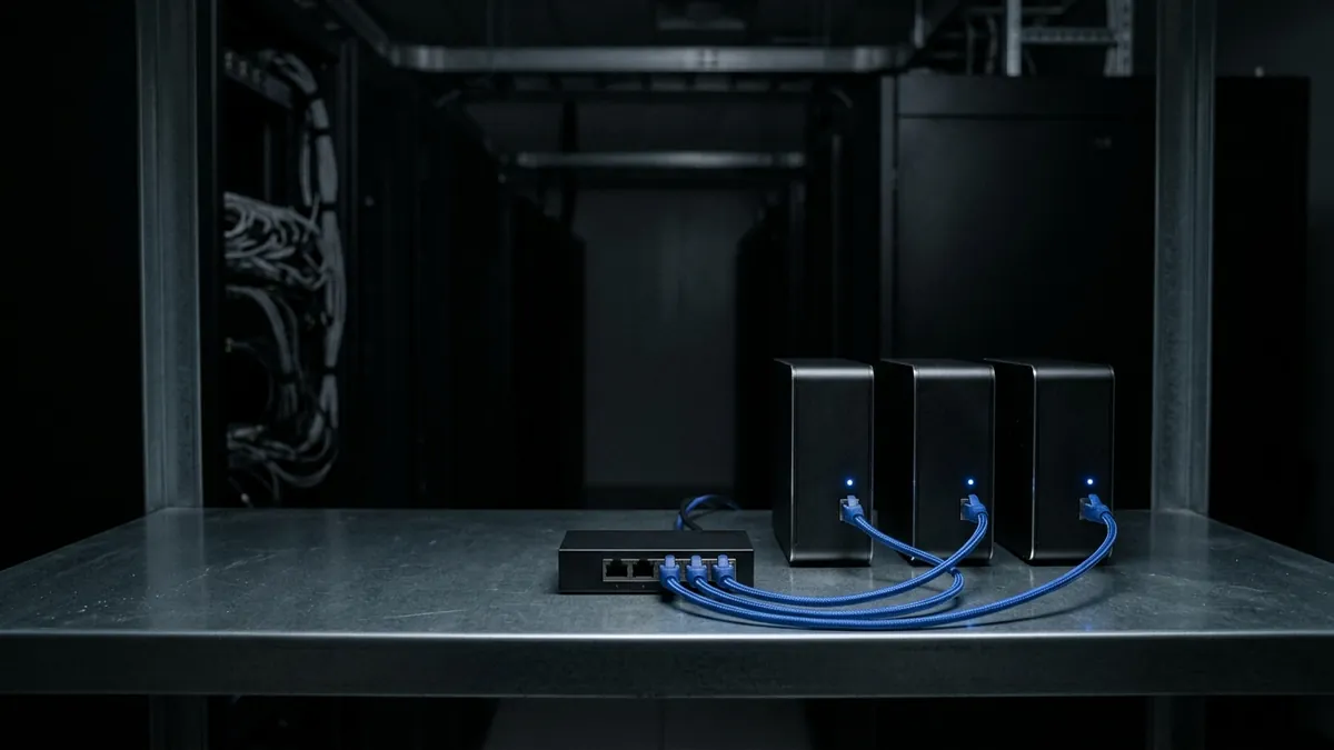 Drei identische schwarze Mini-Servergehäuse stehen nebeneinander auf einem Stahlregal und sind mit kurzen blauen Netzwerkkabeln an einen gemeinsamen Switch angeschlossen.
