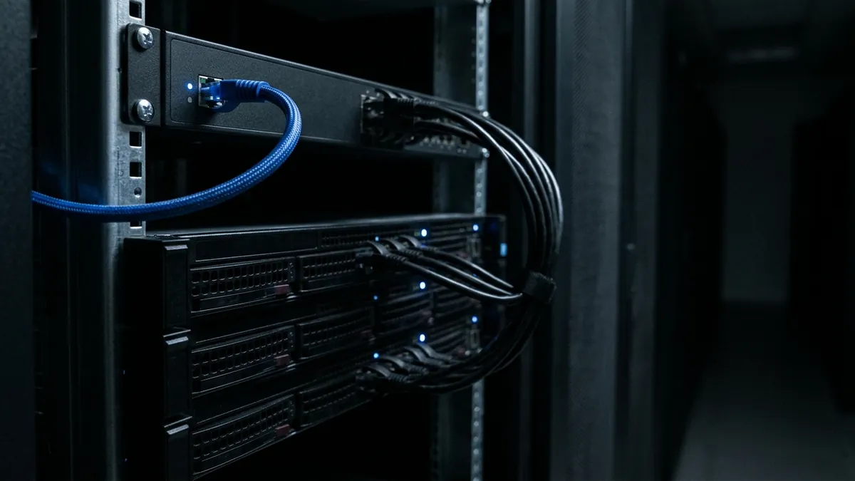 Čierny sieťový prepínač v otvorenej serverovej skrini, do ktorého vchádza jeden modrý opletený kábel, zatiaľ čo tri čierne káble z neho vedú dole do troch serverov označených studenými modrými diódami.