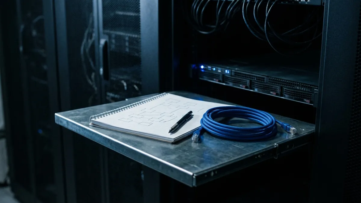 Písanie bakalárskych prác z informatiky: na tmavom stole pri rackovom serveri leží otvorený zošit s ručne nakresleným náčrtom siete a pripojený notebook zobrazuje len tmavú obrazovku.