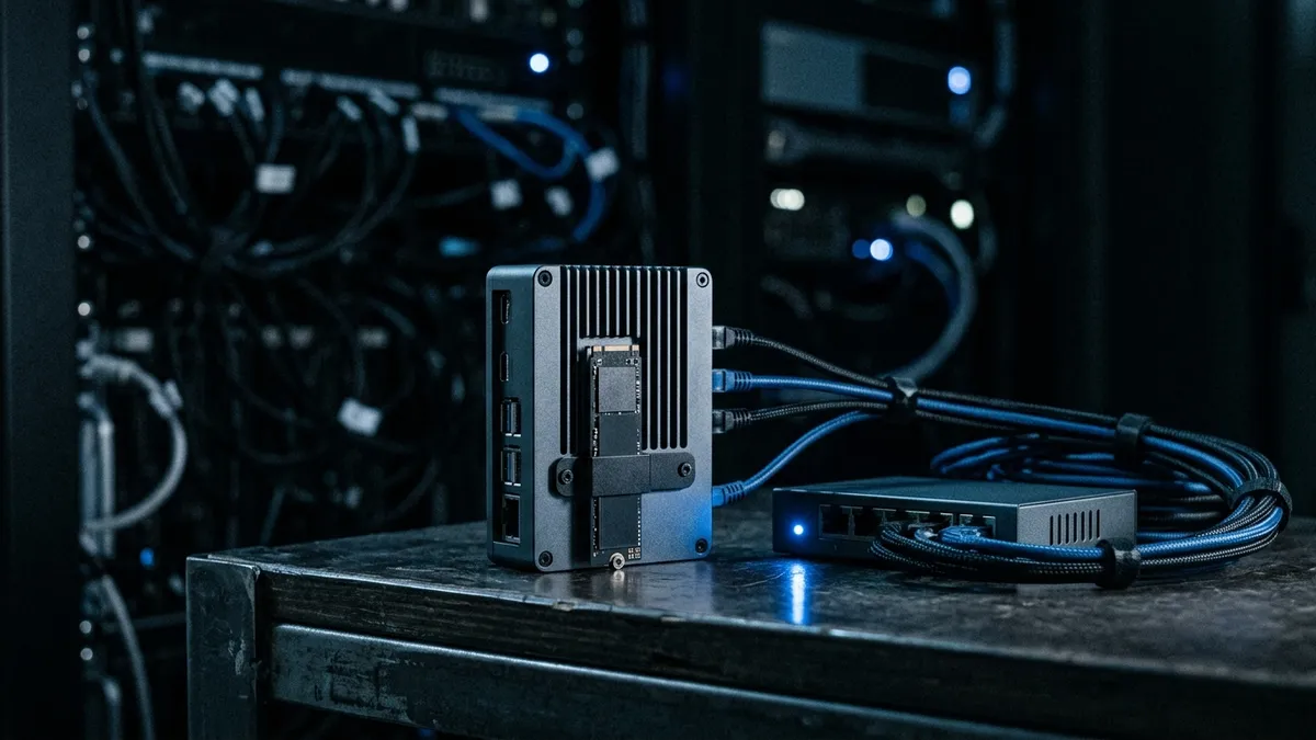 Raspberry Pi v hliníkovej skrinke s pripojeným NVMe diskom na stole vedľa malého sieťového prepínača, modré svetlo diód.