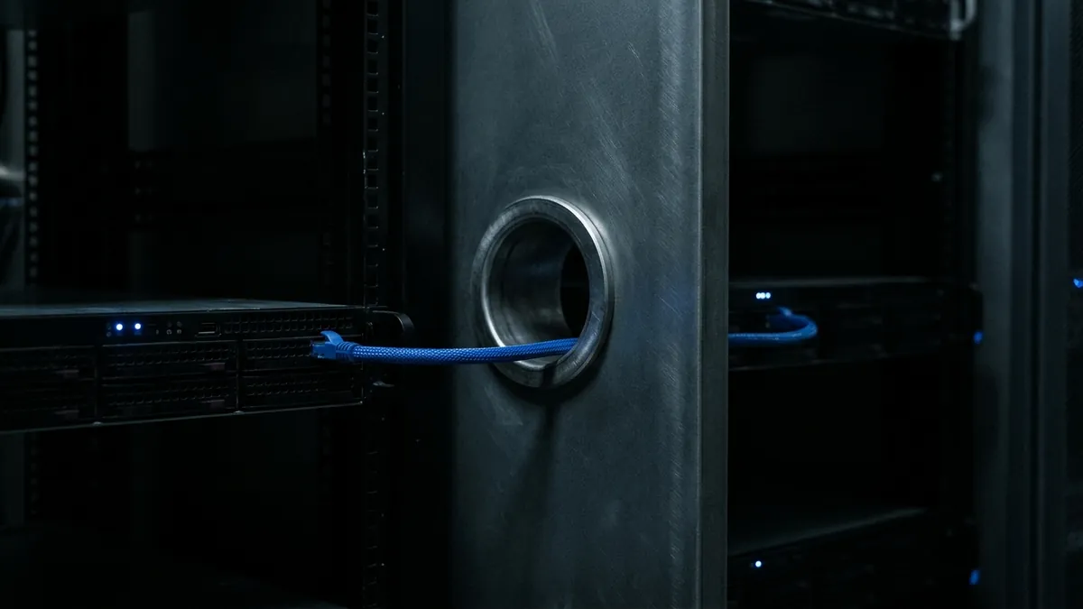 Ein einzelnes blau geflochtenes Netzwerkkabel führt durch eine runde Kabeldurchführung in einer dicken Stahlwand zwischen zwei dunklen Serverkäfigen.
