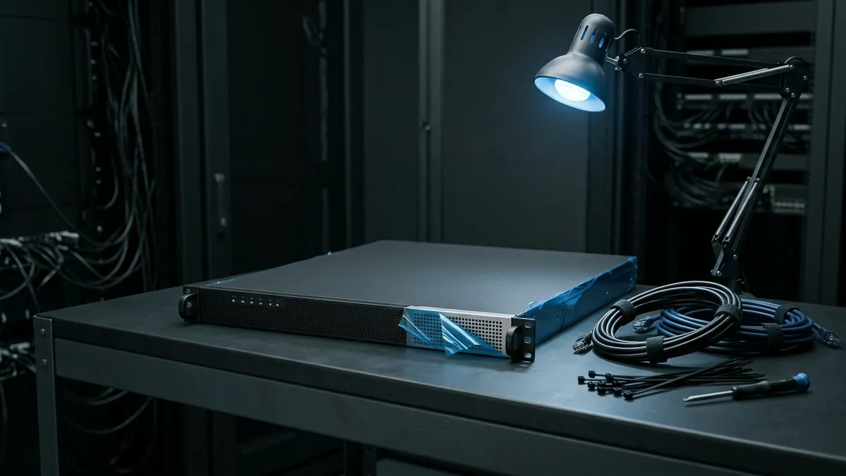 Nový rackový server na pracovnom stole pod lampou, vedľa zvinuté sieťové káble.